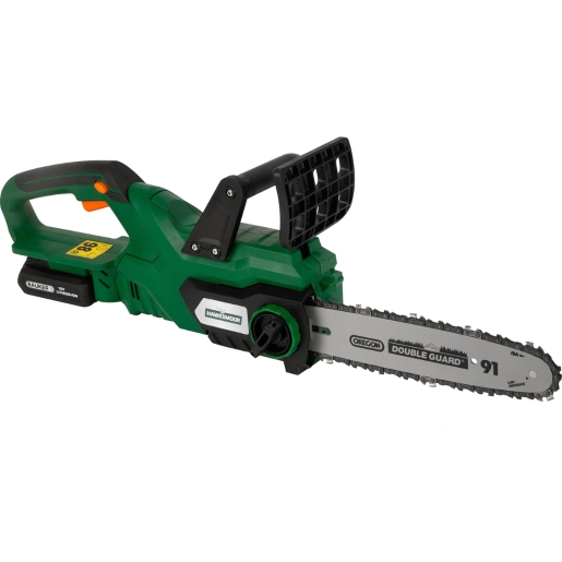Green cordless chainsaw with a 25cm blade, featuring a safety guard, battery compartment, and ergonomic handle, designed for efficient cutting and ease of use.