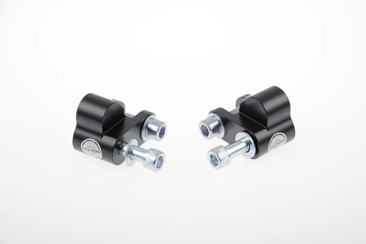 Cult Werk HD-ROD034 lowering kit featuring two black aluminum components with silver bolts, designed for Harley Davidson VRSCA 1130 models from 2002 to 2006, lowering the rear by 35mm.