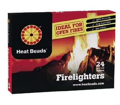 Black and red packaging for Heat Beads Firelighters, featuring a circular logo, text highlighting "Ideal for Open Fires," and a visual of flames, containing 24 firelighter cubes.