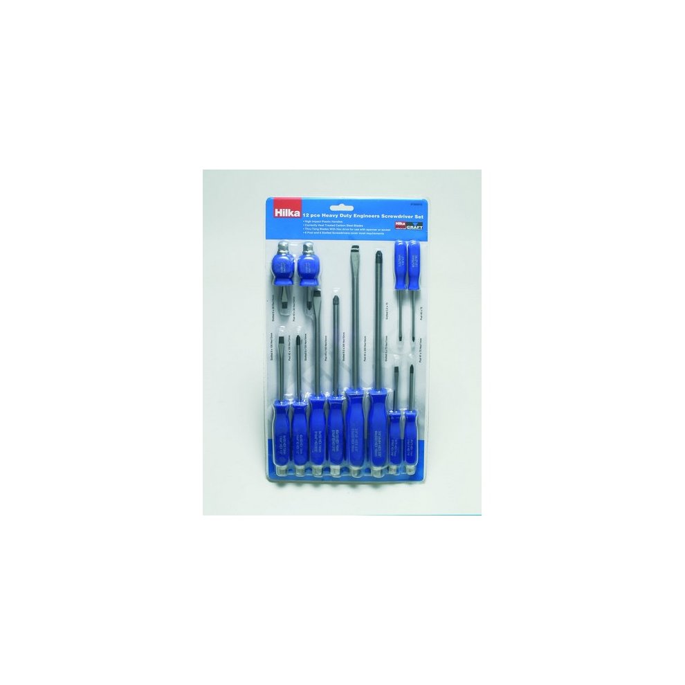 12-piece Hilka Tools screwdriver set featuring slotted and Pozidriv tips, with blue rubber grips and steel shafts, neatly arranged on a plastic backing.