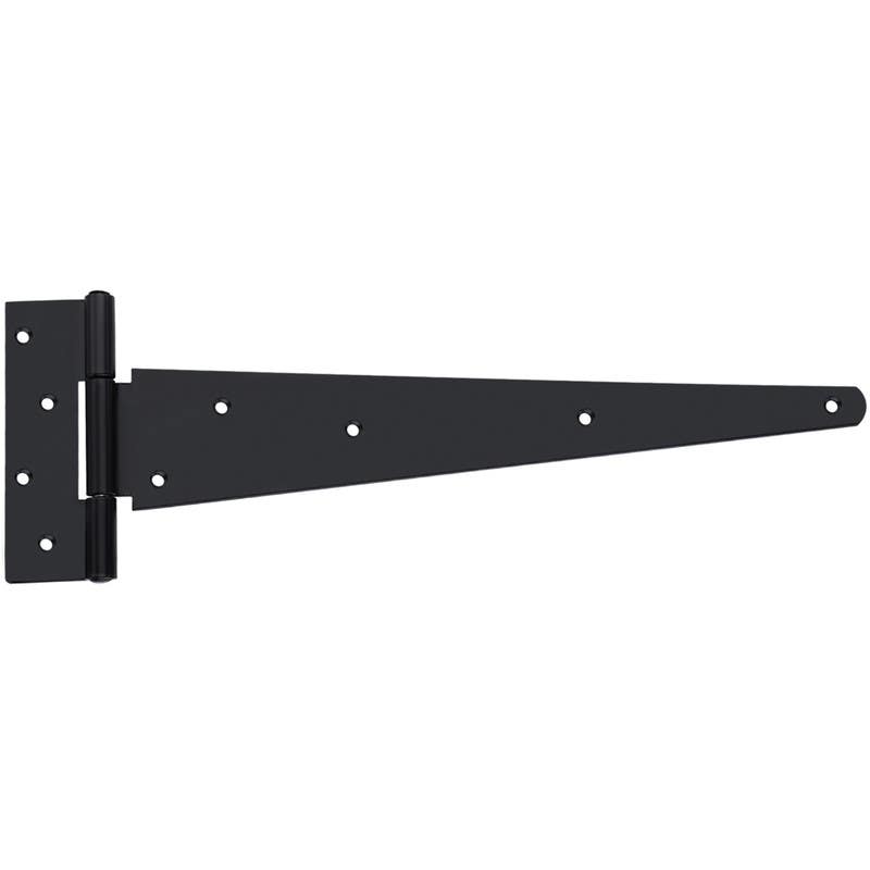 Heavy duty black powder-coated steel tee hinge measuring 400mm, featuring a triangular design with multiple mounting holes for secure installation.