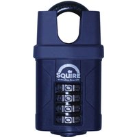 Blue Henry Squire push button combination padlock with closed shackle and four-digit code panel.