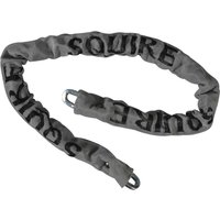 Gray Squire security chain with black lettering and metal links at each end.