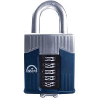Blue and silver Squire Warrior combination padlock with high-security shackle and four-digit code dials.
