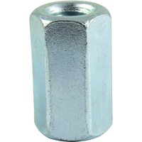 Hex connector nut, bright zinc plated, cylindrical shape with hexagonal sides, metallic silver finish.