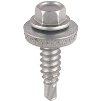 Silver hex head self-drilling stitching steel screw with threaded shaft and pointed tip.