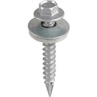 Hex head slash point timber screw with washer, silver finish, threaded shaft, and sharp pointed tip.