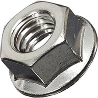 Hex Serrated Flange Nut by Timco, silver, hexagonal shape with serrated flange edge and threaded interior.