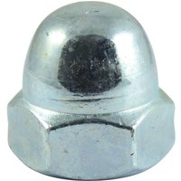 Hexagon dome nut, bright zinc plated, shiny silver finish, rounded top, hexagonal base.