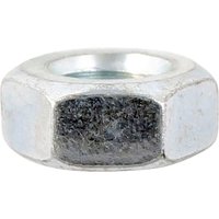 Hexagon full nut, bright zinc plated, metallic silver finish, six-sided with threaded interior.