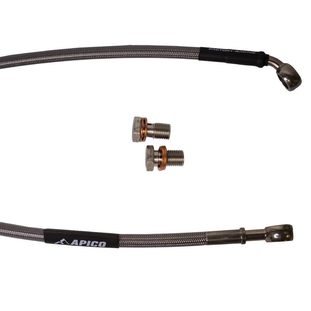 Silver braided rear brake hose with black rubber ends, featuring two metal bolts with copper washers, designed for Kawasaki KX 125/250 (1991) and KX500 (1991-1993).