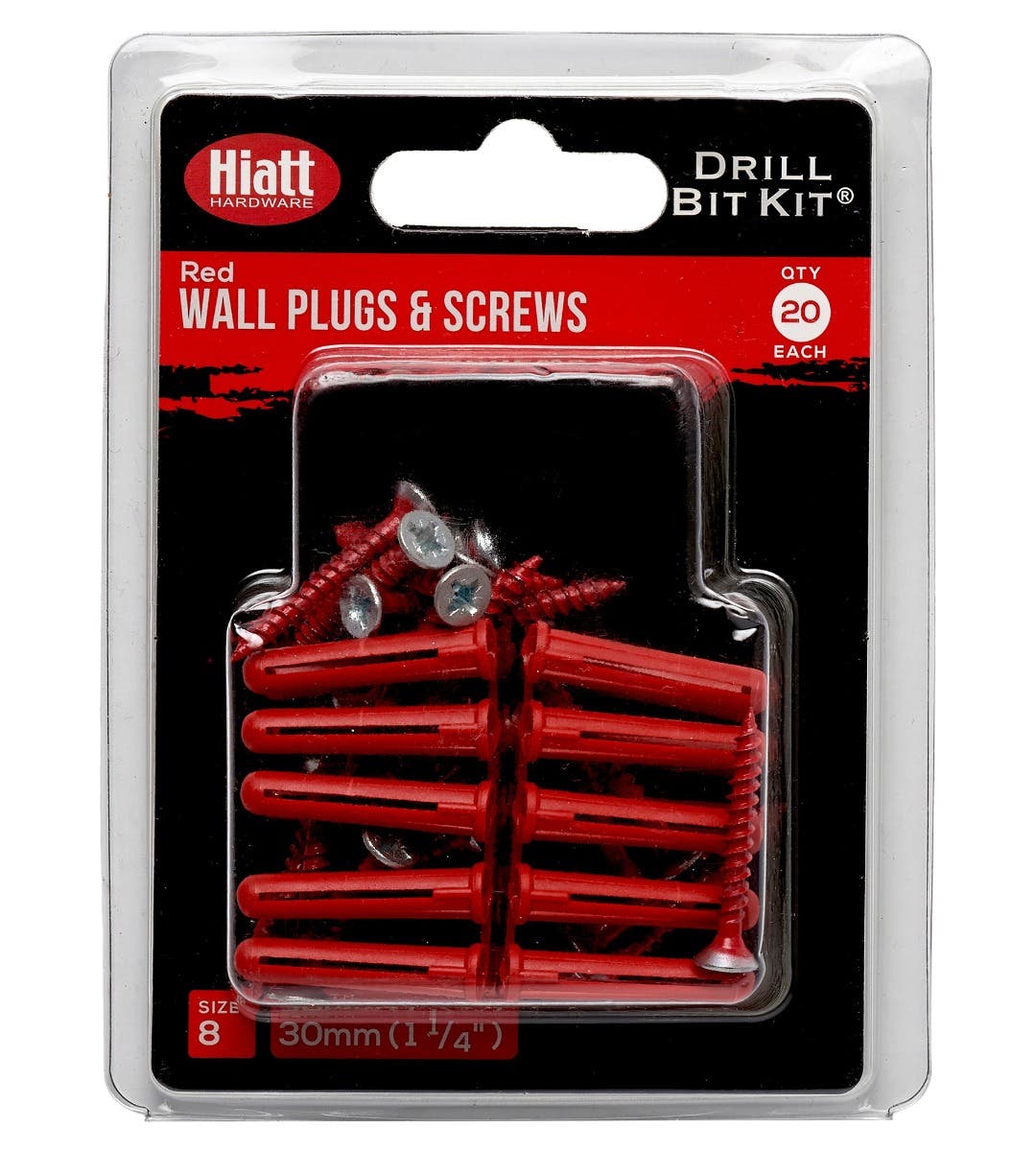 Red pack containing 20 screws and wall plugs by Hiatt Hardware, featuring a clear plastic case, with screws and plugs arranged neatly for easy access.