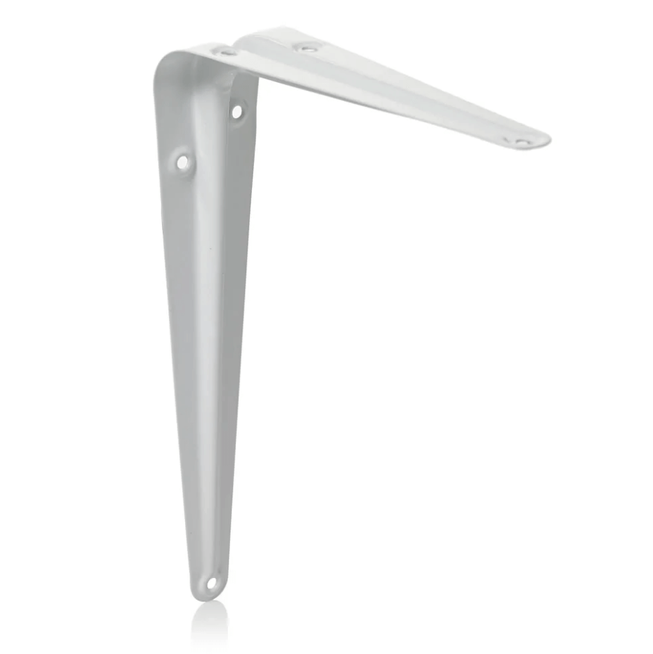 White metal shelf bracket with a sleek, angled design, measuring 75 x 100mm, featuring three mounting holes for secure installation.