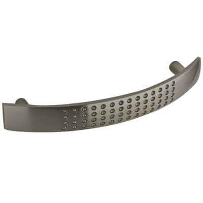 Satin nickel cabinet pull handle featuring a drilled dimple design, curved shape, and sold in a pack of six by Hiatt Hardware.