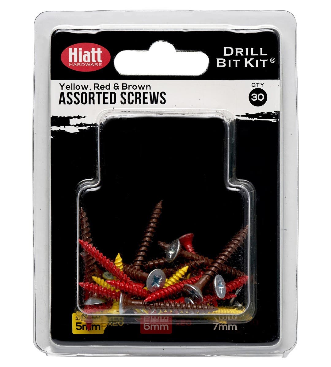 Assorted pack of 30 screws in yellow, red, and brown colors, featuring various sizes and a plastic packaging with a clear front for visibility.
