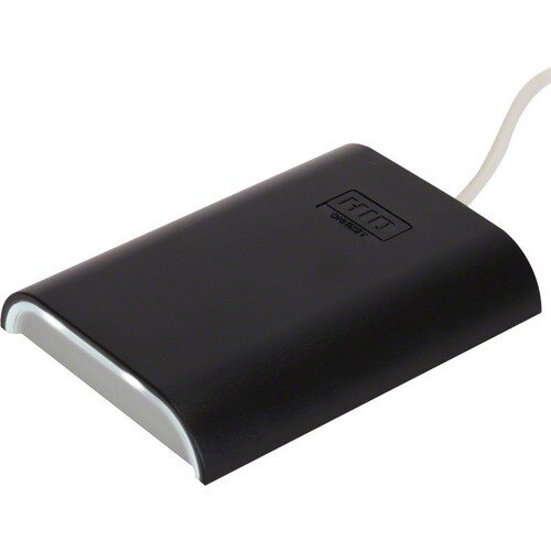 Black plastic smart card reader with a sleek design, featuring a curved top and a USB 2.0 connection cable, labeled with the HID logo on the surface.