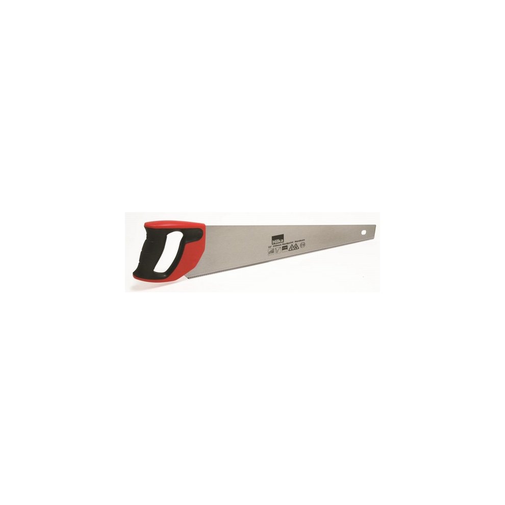 Hilka 45751122 Hardpoint Handsaw features a 22" (550mm) stainless steel blade with 11 TPI, a red and black ergonomic handle for comfort and grip.