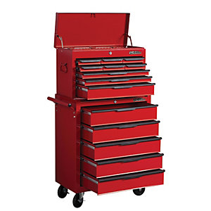 Red Hilka 271-piece tool kit featuring a sturdy metal tool chest with multiple drawers, a top lid, and wheels for mobility.