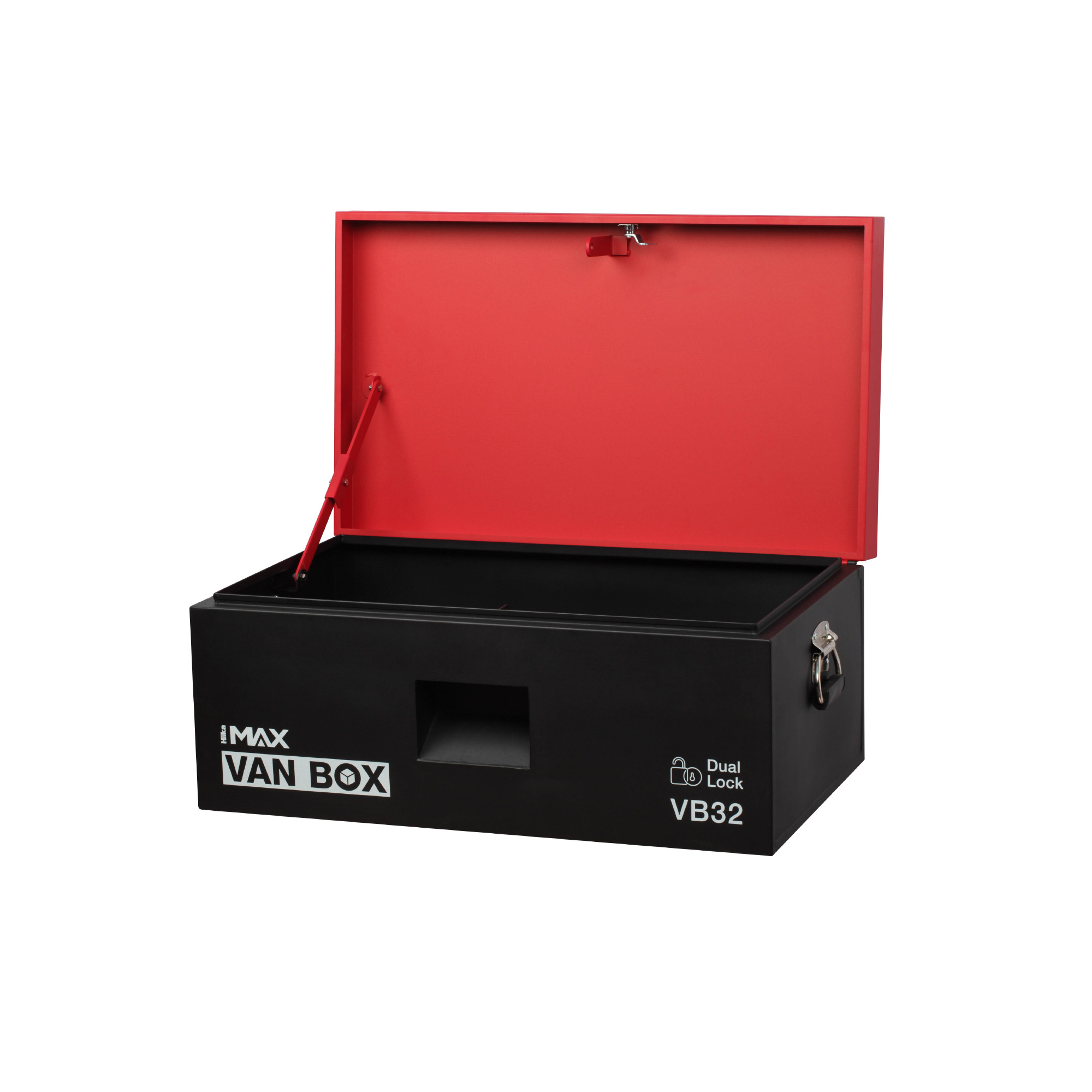 Black metal van storage box with a bright red lid, featuring a dual lock system and a front access opening, designed for secure storage and organization.