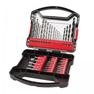 Hilka 41 Piece Drill Bit & Accessory Set in a clear plastic case, featuring silver metal drill bits and black/red storage compartments for various accessories.