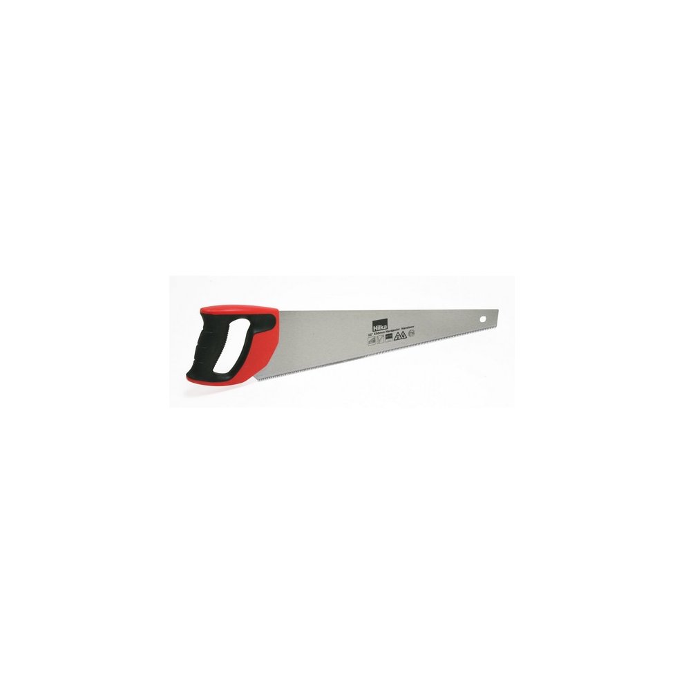 Hilka 45750722 Hardpoint Handsaw, 22" (550mm) long, features a silver metal blade with 7 TPI, and a black and red ergonomic handle for comfortable grip.