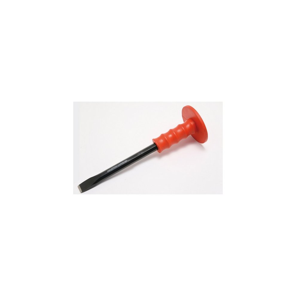 12-inch cold chisel with a black steel blade and a bright red rubber grip for enhanced comfort and control during use.