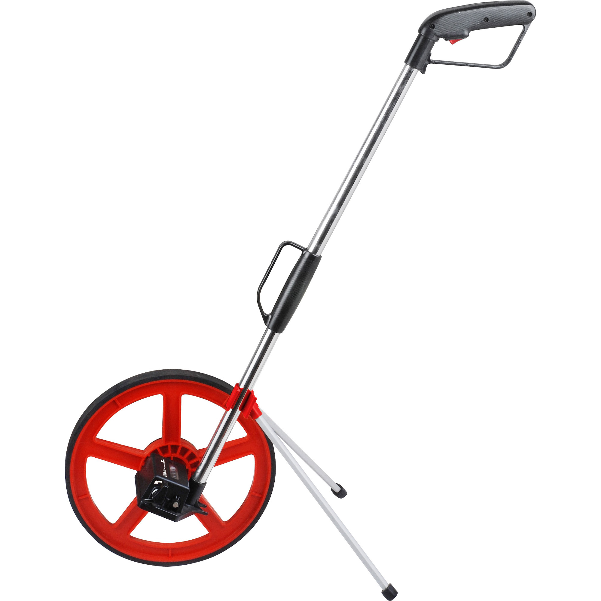 A Hilka Distance Measuring Wheel with a large red wheel, metal handle, and a sturdy tripod base, designed for accurate distance measurement in various terrains.