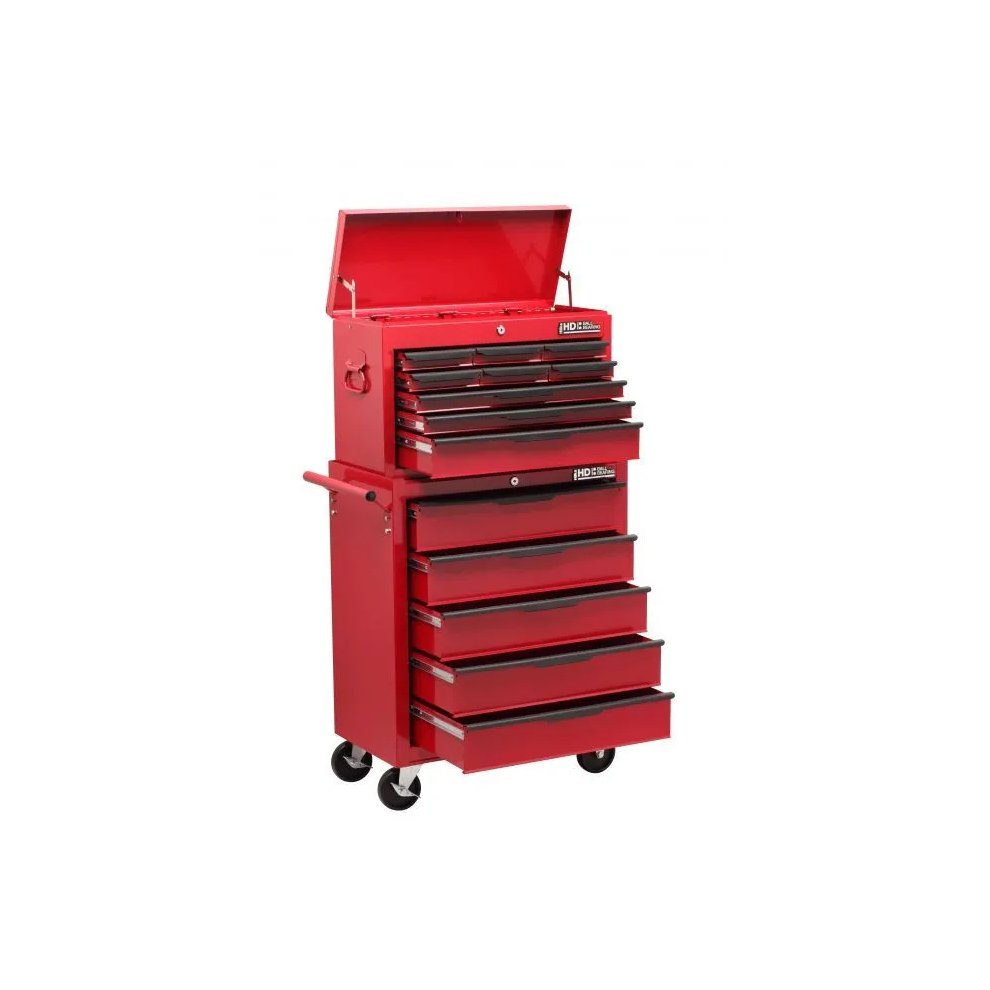 Red 14-drawer combination chest and cabinet on wheels, featuring multiple drawers of varying sizes, a top lid for storage, and a sturdy metal construction for durability.