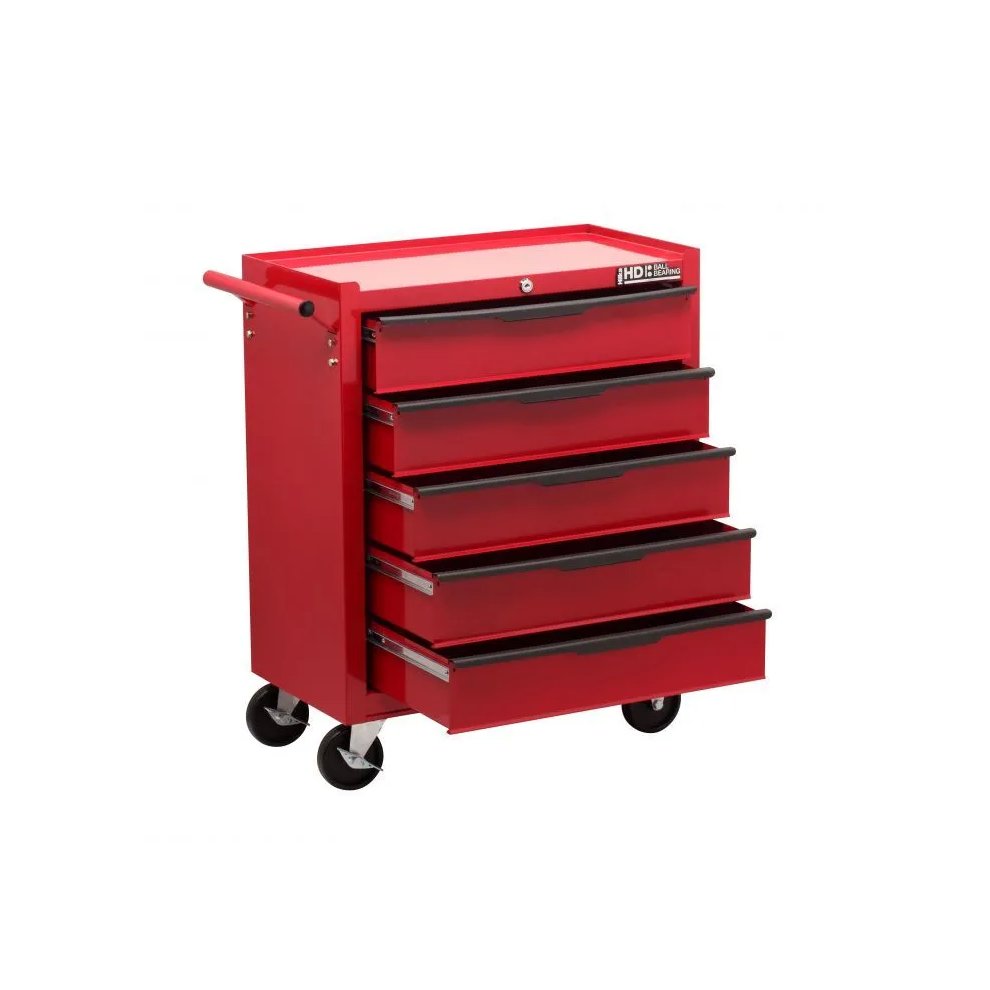 Red heavy-duty metal tool trolley with five black-handled drawers, a flat top surface, and four swivel wheels for mobility.