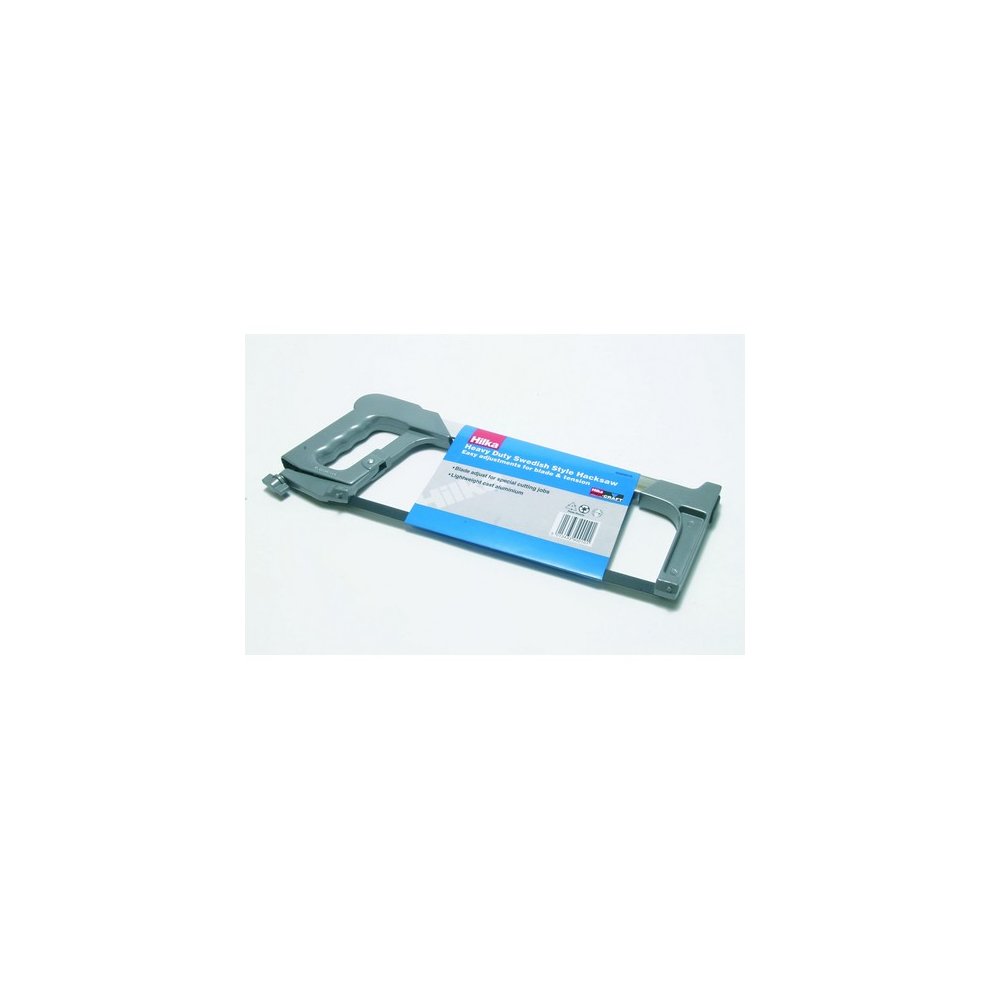Hilka Professional Hi-Tension Hacksaw in grey, featuring a sturdy frame, adjustable tension mechanism, and a blue label displaying product details, suitable for cutting materials 250-300mm.
