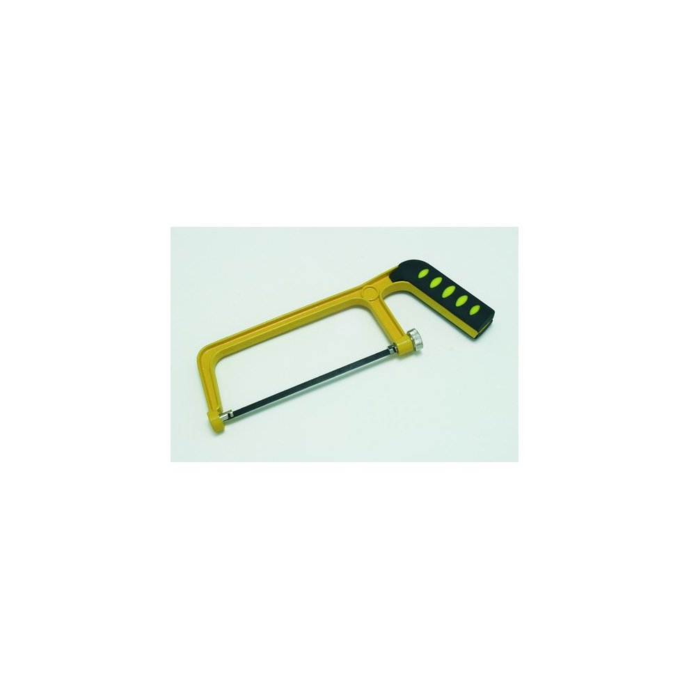 Yellow and black Hilka 6-inch heavy-duty junior hacksaw with a sturdy metal frame, ergonomic grip, and a tensioning knob for secure blade adjustments.