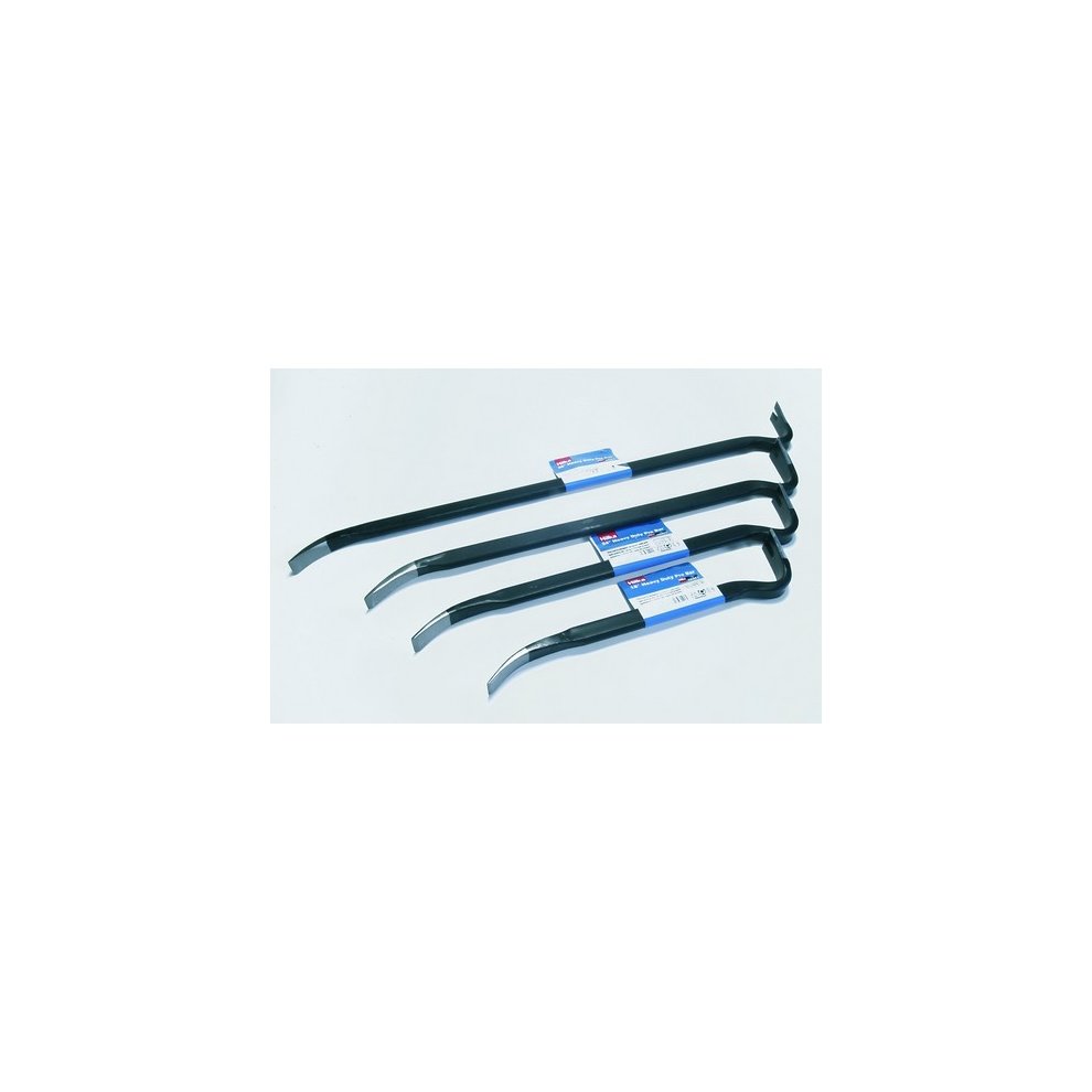 Heavy-duty black wrecking bar, 30 inches long, featuring a flat end for prying and a curved end for leverage, designed for robust demolition tasks.