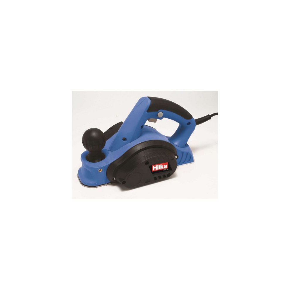 Blue Hilka 710W planer featuring a black handle and knob, designed for woodworking with a sleek, compact body and a power cord on the side.