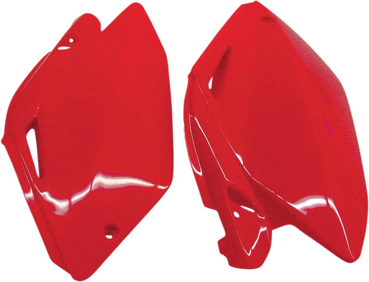 Red plastic side panels designed for Honda CRF250R 2004-05, featuring a sleek, glossy finish and cutouts for easy installation.