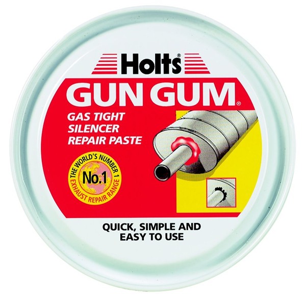 Holts LOYGG2R Gun Gum Paste in a round, light blue tin featuring a red and white label with text highlighting its gas-tight silencer repair capabilities.