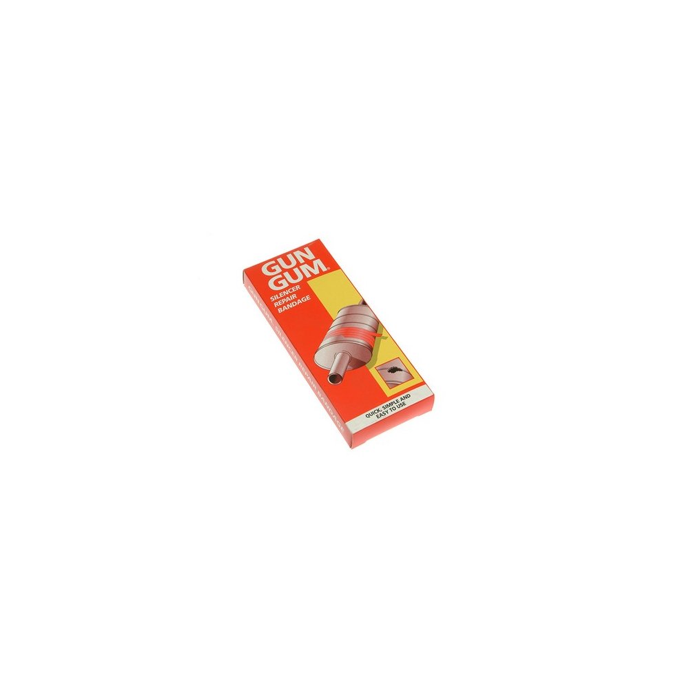 Red and yellow packaging for Holts Gun Gum Exhaust Silencer Repair, featuring a cylindrical bandage designed for sealing exhaust cracks, with clear product labeling.