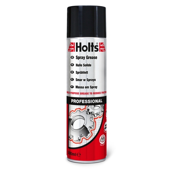 Holts Spray Grease 500ml features a silver and red aerosol can with a black cap, labeled "Professional" and displaying gear graphics, indicating its multi-purpose use.