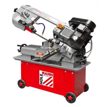 The Holzmann BS 712TOP is a grey and red band saw with a robust design, featuring a powerful motor, adjustable cutting angle, and mounted on a wheeled base for mobility.