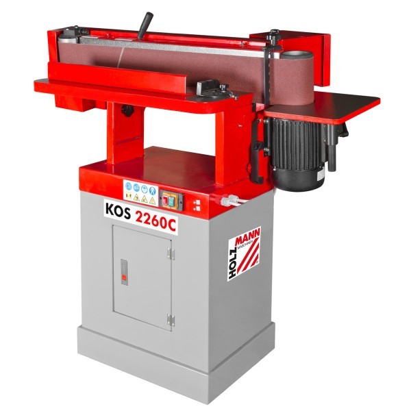 Red and gray Holzmann Kos2260C oscillating belt sanding machine with a large sanding belt, adjustable table, and a powerful motor, designed for woodworking tasks.