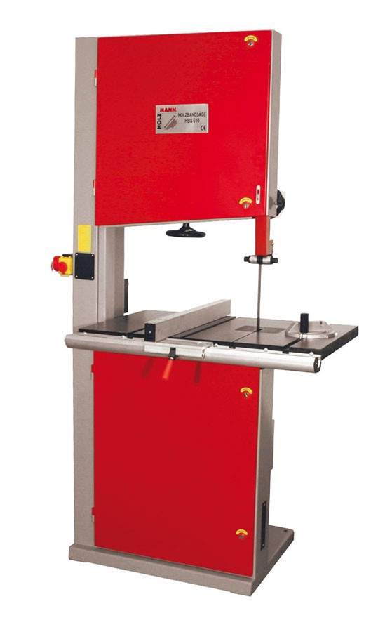 Red Holzmann HBS610 professional bandsaw with a sturdy metal frame, large cutting table, adjustable blade guide, and safety features, designed for 230V operation.