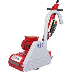 Red and white Holzmann PSM2 floor sander with a 1500W motor, 200mm sanding drum, and ergonomic handle, featuring control buttons and a dust extraction port.