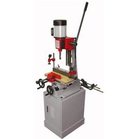 Red and silver Holzmann STM26 Chisel Mortiser with adjustable table, lever arm, and precision controls.