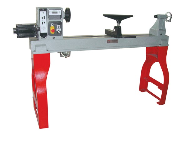 Holzmann DF 1200N wood lathe featuring a sturdy gray metal body, red legs, control panel with buttons, and a tailstock for precision woodworking projects.