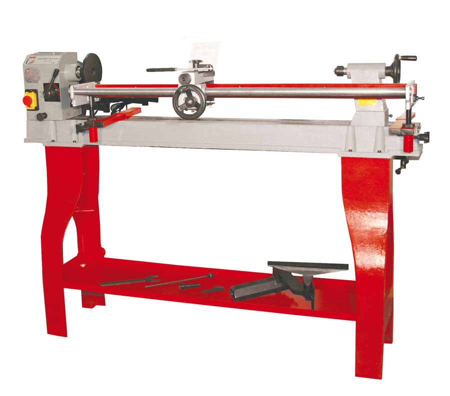 Holzmann VD 1100N wood lathe features a sturdy red metal frame, a silver-gray working area, adjustable tool rest, and various included tools for woodturning projects.