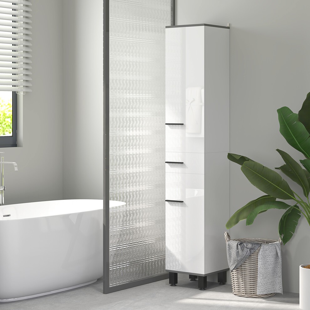 White HOMCOM bathroom cabinet featuring adjustable shelves, double doors, and a drawer, set against a modern bathroom backdrop with a bathtub and greenery.
