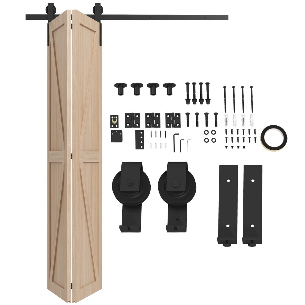 Heavy-duty black metal track kit for bi-folding sliding barn doors, includes two wooden doors with a natural finish, rollers, brackets, and various hardware components.