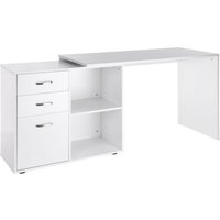 White L-shaped desk with drawer, shelf, and file cabinet, featuring sleek handles and minimalist design.