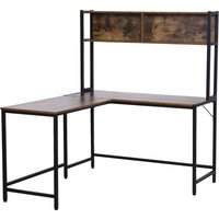 L-shaped brown and black desk with steel frame, storage shelf, and adjustable feet for home office or study.