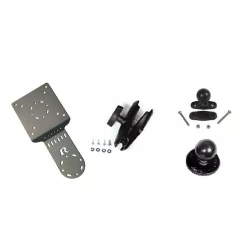 Black metal mounting kit featuring a flat plate with multiple holes, a clamp, a spherical ball mount, and assorted screws for installation.