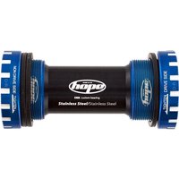 Black and blue Hope stainless steel bottom bracket with logo and threaded ends.